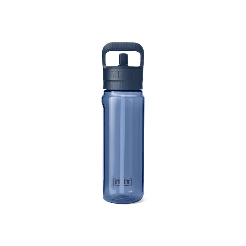 Navy | YETI Yonder 25oz Water Bottle With Straw Lid Image Showing Back View With Straw Up.