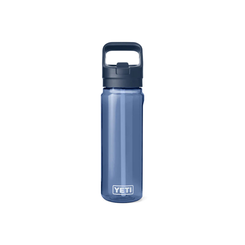 Navy | YETI Yonder 25oz Water Bottle With Straw Cap Image Showing Front View, With Straw Down.