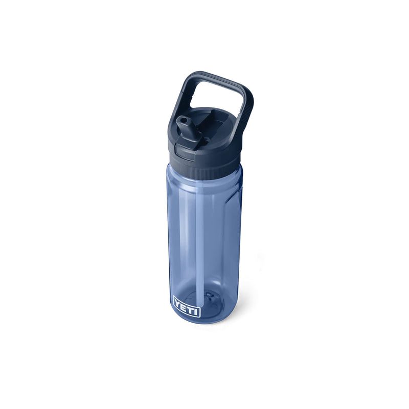 Navy | YETI Yonder 25oz Water Bottle With Straw Cap Image Showing Top View With Straw Up.