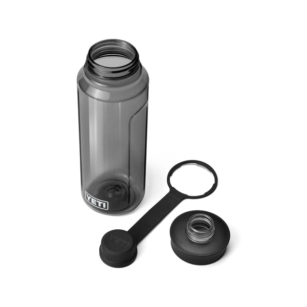 Charcoal | YETI Yonder 34oz Water Bottle With Tether Cap Image Showing Top View, With Cap And Sipper Off.