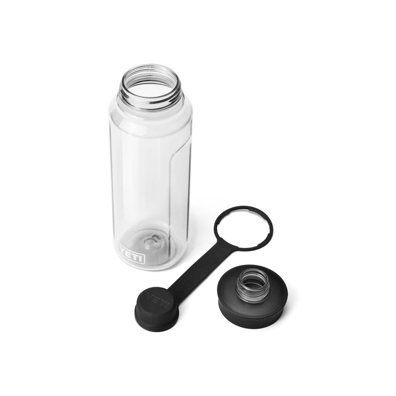 Clear | YETI Yonder 34oz Water Bottle With Tether Cap Image Showing Angled Top View With Tether And Cap Off.