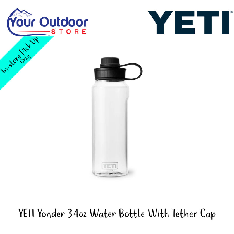 YETI Yonder 34oz Water Bottle With Tether Cap | Hero Image Showing All Logos And Titles.
