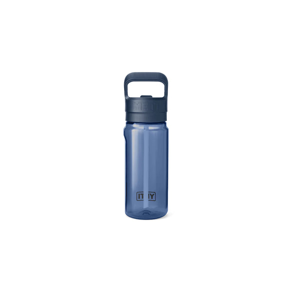 Navy | YETI Yonder 20oz Water Bottle With Straw Cap Image Showing Back  View With Sipper Down.