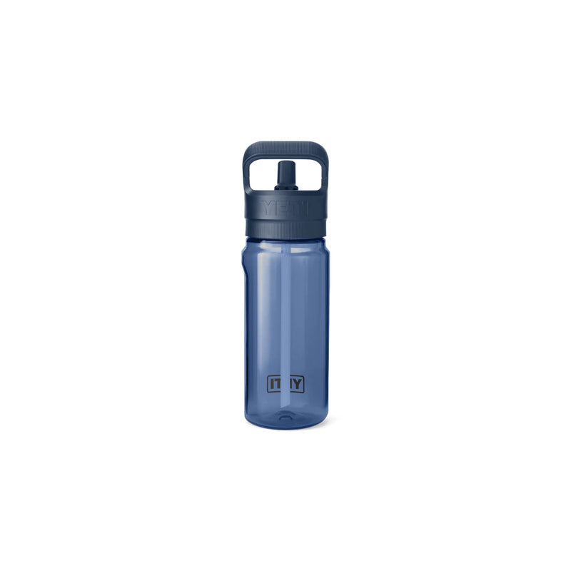 Navy | YETI Yonder 20oz Water Bottle With Straw Cap Image Showing Back View, Straw Up.