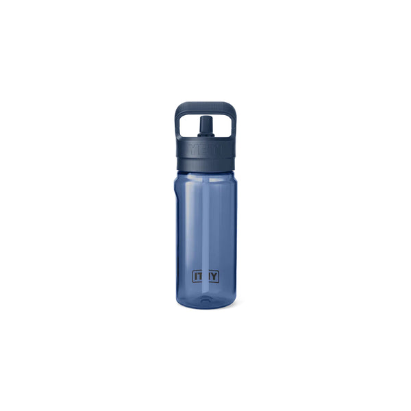 Navy | YETI Yonder 20oz Water Bottle With Straw Cap Image Showing Back View With Sipper Up.