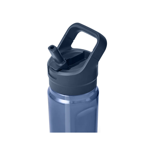 Navy | YETI Yonder 20oz Water Bottle With Straw Cap Image Showing Close Up View OF Straw Cap With Sipper Up.