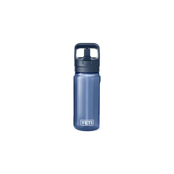Navy | YETI Yonder 20oz Water Bottle With Straw Cap Image Showing Front View Sipper Up.