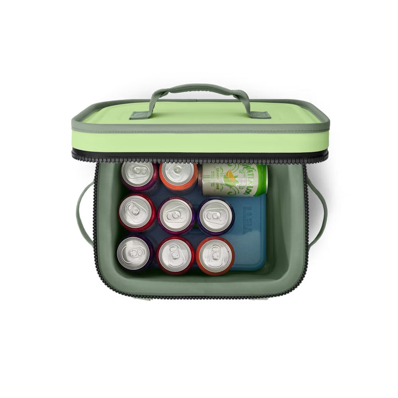 Key Lime | YETI Hopper Flip Bag 12 Image Showing Top View Inside Bag, Cans And Ice Brick Not Included.