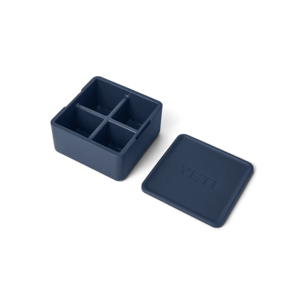 Navy | YETI Ice Tray. Shown Open, Lid Beside Tray. 