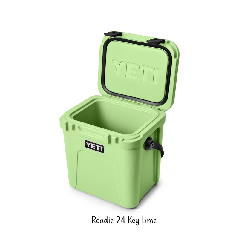 Key Lime | YETI Roadie 24 Hard Cooler Image Showing Angled Front View, With Lid Up.