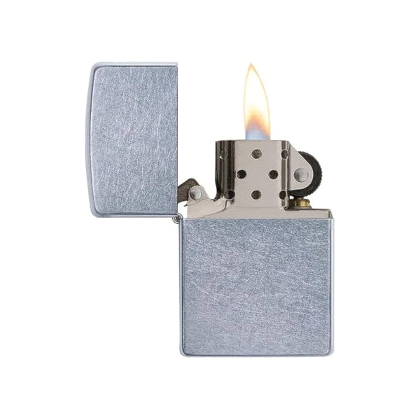 Silver | Zippo Gift Set 207 Chrome Lighter With Fluid And Flint Image Showing Lid Open, Flame Lit.