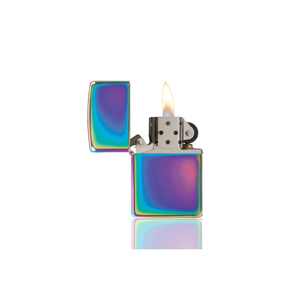 Rainbow | Zippo Gift Set 207 Chrome Lighter With Fluid And Flint Image Showing Lid Open, Flame Lit.