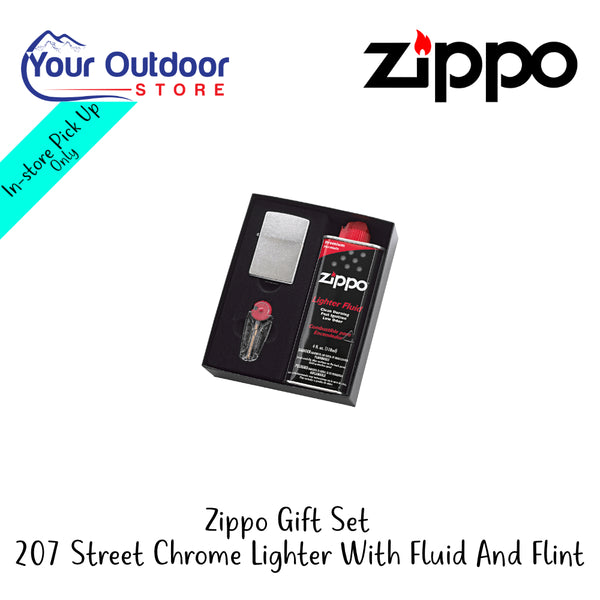 Zippo Gift Set 207 Street Chrome Lighter With Fluid And Flint | Hero Image Showing All Logos And Titles.
