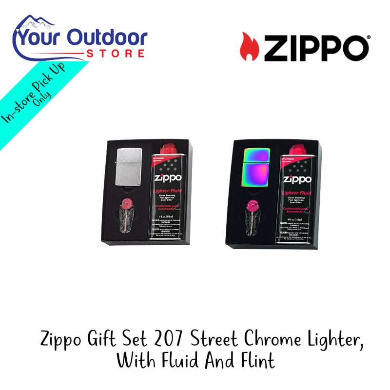 Zippo Gift Set 207 Chrome Lighter With Fluid And Flint | Hero Image Showing All Logos And Titles.
