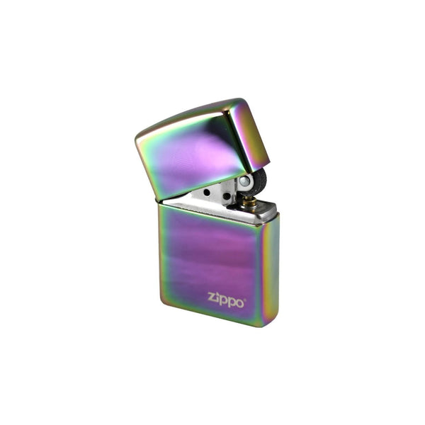 Rainbow | Zippo Gift Set 207 Chrome Lighter With Fluid And Flint Image Showing Lid Half Open.