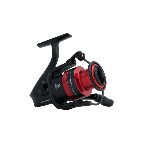 3000 / Black And Red | Abu Garcia Black Mx Spin Reel Image Showing No Logos Or Titles.