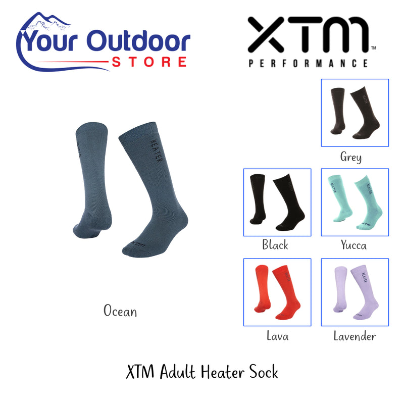 XTM Adult Heater Sock. Hero Image Showing Logos, Variants and Title. 