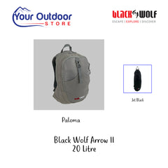 Black Wolf Arrow II -20L. Hero Image Showing Variants, Logos and Title. 