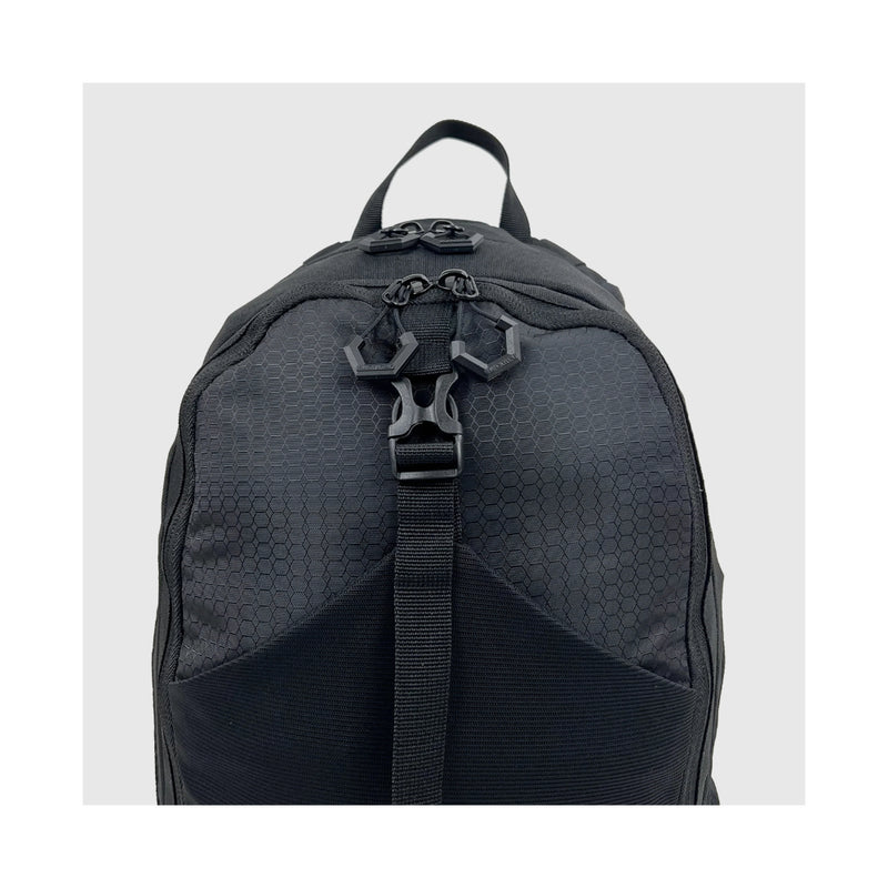 Jet Black | Black Wolf Arrow II backpack. Close Up of Clips.