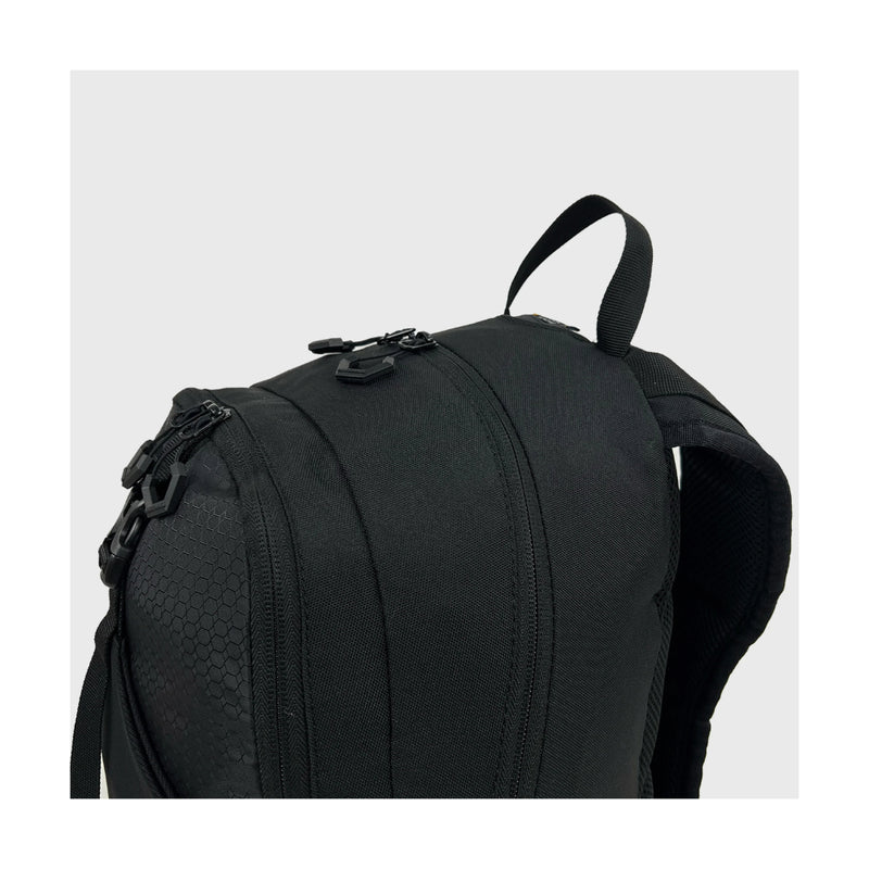 Jet Black | Black Wolf Arrow II backpack. Side View Showing Zippers Closed.