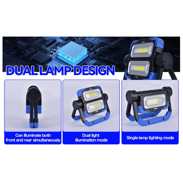 Blue | Brillar Battery Operated Water And Impact Resistant Work Lamp Image Showing Display On The Features.