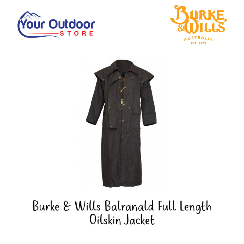 Burke & Wills Full Length Balranald Oilskin Jacket. Hero image with title and logos