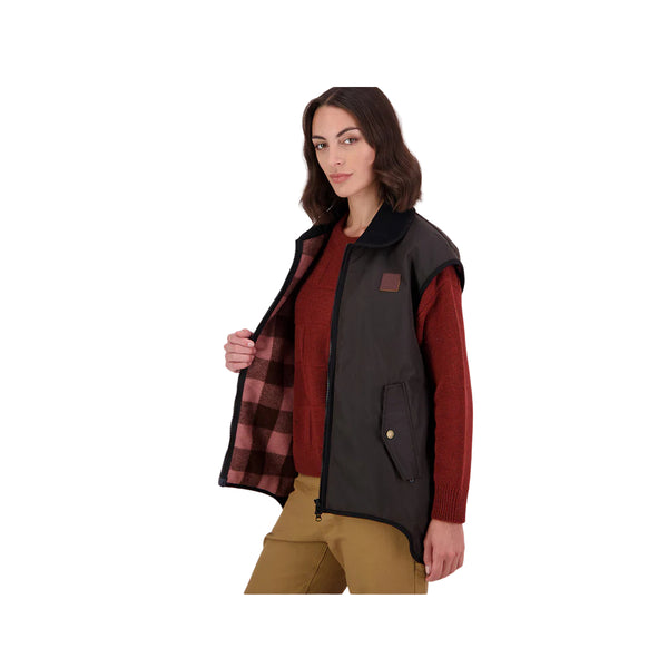 Brown / Rose Check | Swanndri Womens Foxton Oilskin Vest Image Showing Side View, Zip Open, Rose Check On Show.