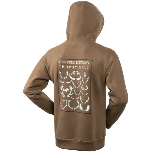 Mouse | Back of hoodie with hood up showing image of Trophy hauls in white.