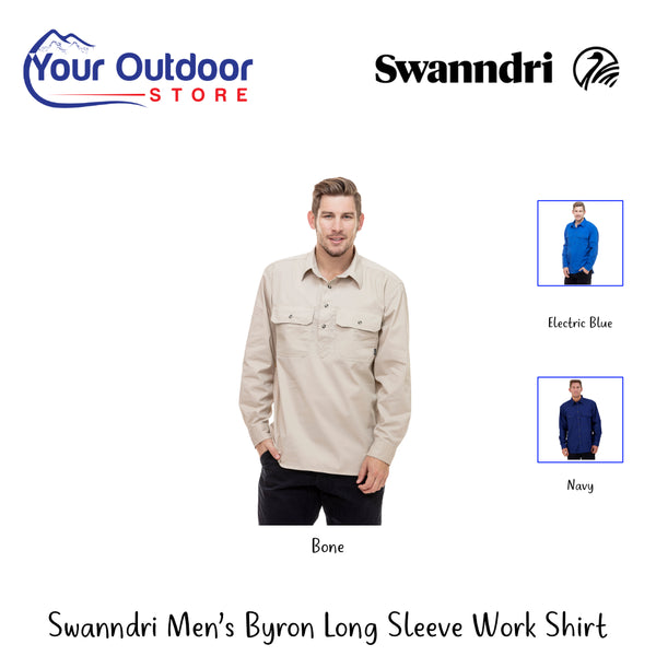 Swanndri Mens Byron Long Sleeve Work Shirt | Hero Image Showing All Logos And Titles.