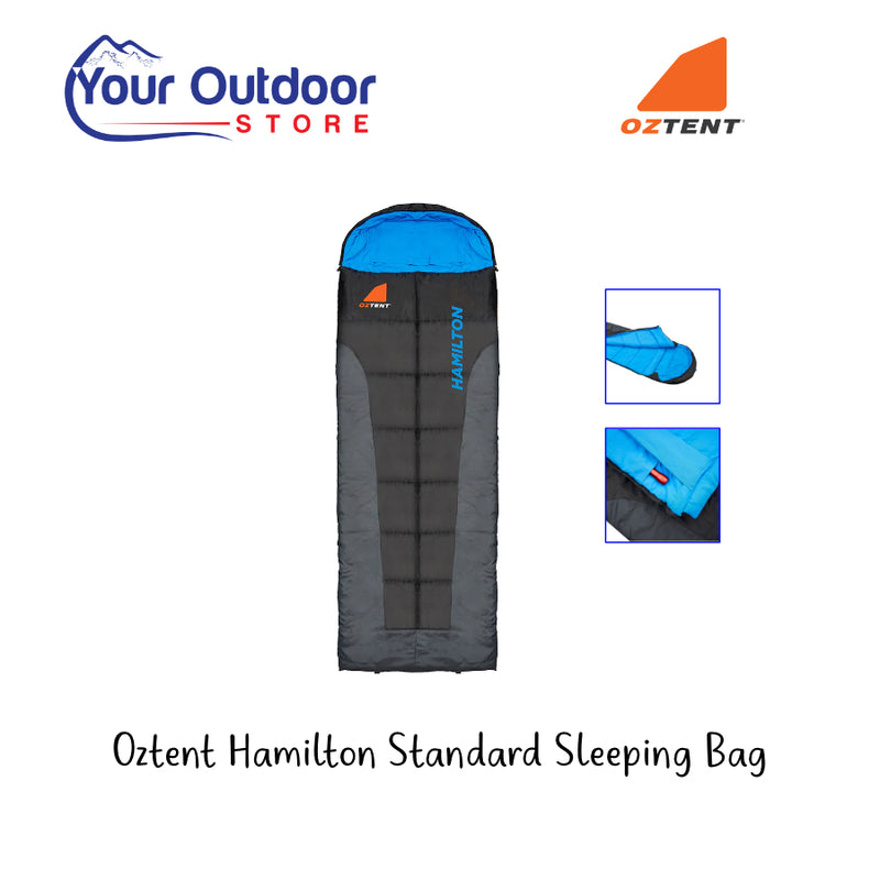 Oztent Hamilton Standard Sleeping Bag. Hero image with title and logos.