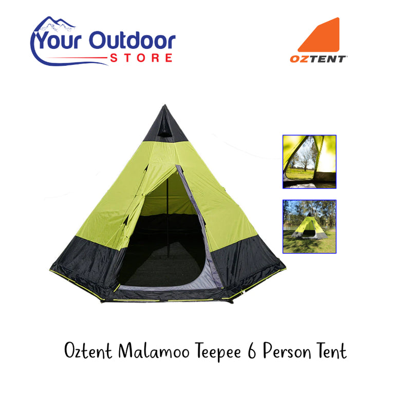Black / Green | Oztent Malamoo Teepee 6 person tent. hero image with title and logos