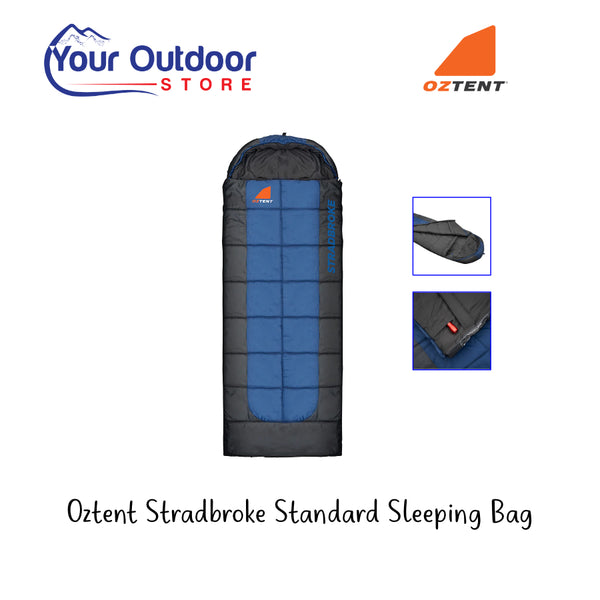 Oztent Stradbroke Standard Sleeping Bag. Hero image with title and logos