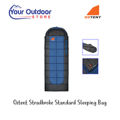 Oztent Stradbroke Standard Sleeping Bag. Hero image with title and logos
