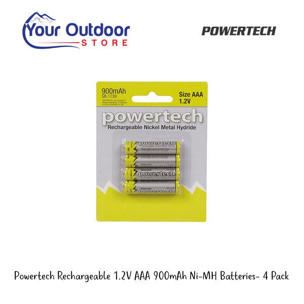 Powertech Rechargeable 1.2V AAA 900mAh Ni-MH Batteries - 4 Pack | Hero Image Showing All Logos And Titles.