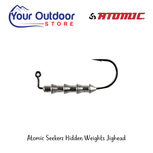Atomic Seekerz Hidden Weights Jighead | Hero Image Showing All Logos And Titles.