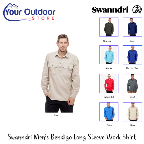 Swanndri Mens Bendigo Long Sleeve Work Shirt | Hero Image Showing All Logos, Titles And Variants.