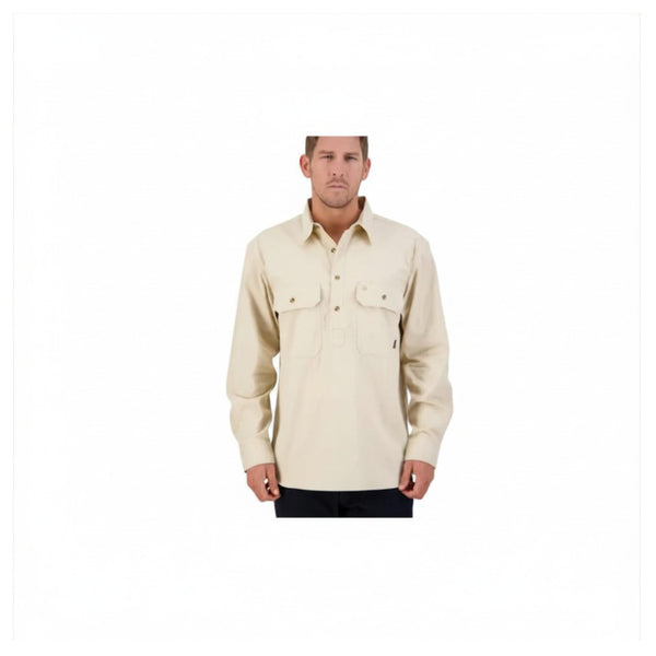 Stone | Swanndri Mens Bendigo Long Sleeve Work Shirt Image Showing No Logos Or Titles.