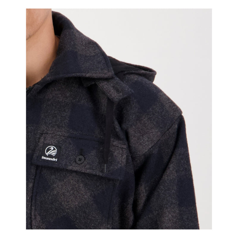 Coal Check | Front View of Shoulder and Pocket, Hood Down.