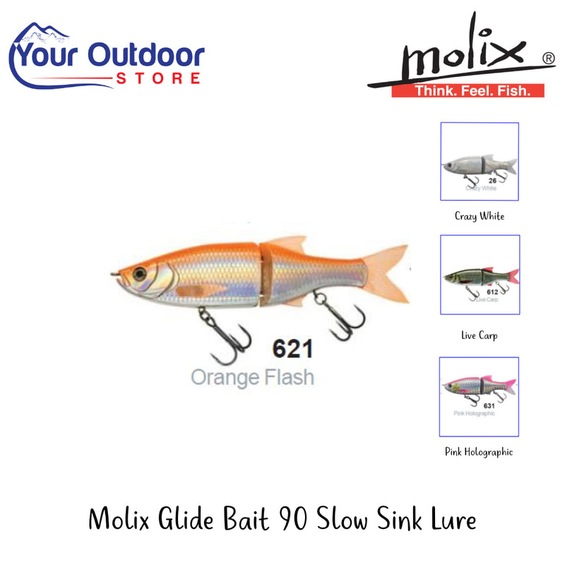 Molix Glide Bait 90 Slow Sink Lure | Hero Image Showing All Logos And Titles.