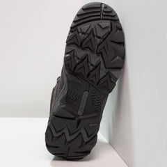 Charcoal/Cool Grey/ Amaranth | Hi-Tec Ravus Vent Mid Waterproof Womens. Sole of shoe shown leaning against a wall