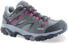 Charcoal/Cool Grey/ Amaranth | Hi-Tec Ravus Low Waterproof Womens. Side View, Grey with Pink Highlights