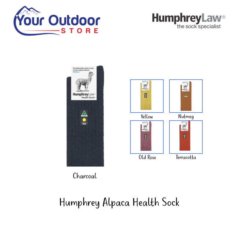 HumphreyLaw Alpaca Wool Blend Health Sock. Hero image with title and logos plus colour inserts