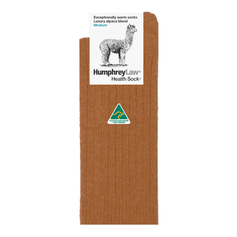 Nutmeg | Humphrey Law Alpaca Wool Blend Health Sock. Style Code 01C044. Folded in packaging