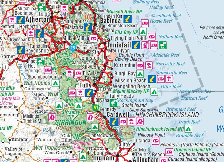 Close up of coastal region with icons and roads