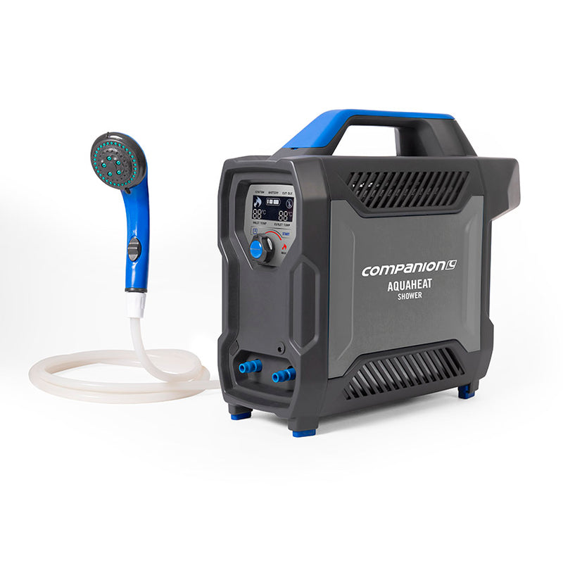 Black / Blue | Companion AquaHeat Lithium Gas Shower. Unit with shower head and hose