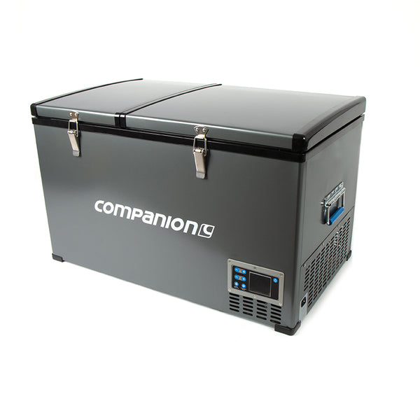 Angled front/side view showing side handle and compressor air vents and lids closed with clip locks done up