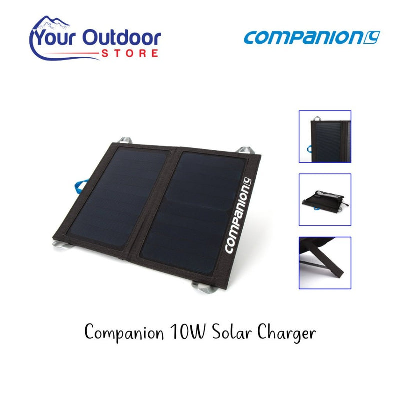 Companion 10 Watt Solar Charger. Hero image with title and logos