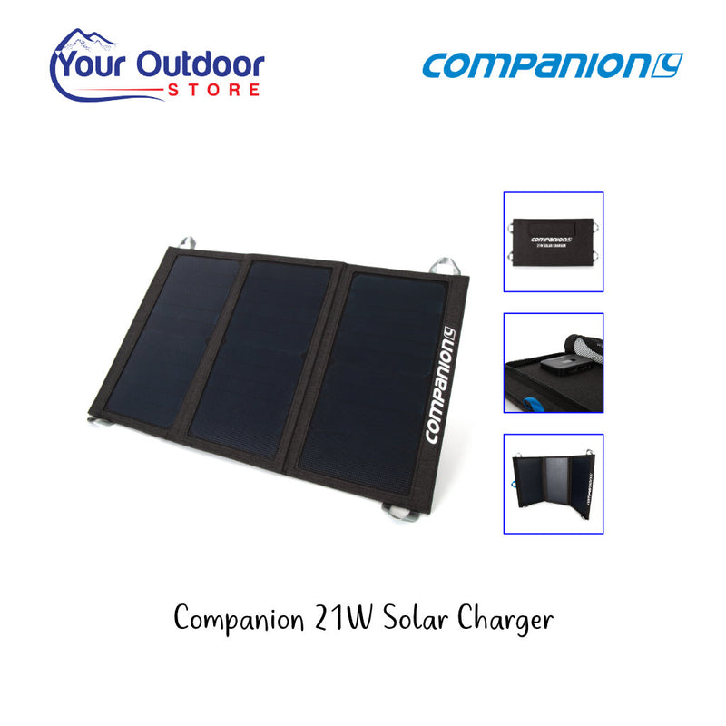 Companion 21W Solar Charger. Hero image with title and logos