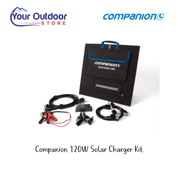 Companion 120W Solar Charger. Hero image with title and logos