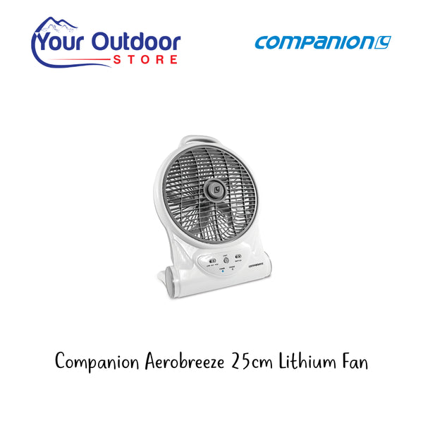 Companion Aerobreeze 25cm Lithium Rechargeable Fan. Hero image with title and logos
